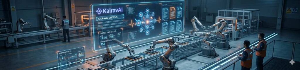 A high-tech smart factory floor with an overlay of a glowing holographic user interface showing neural networks and data streams.