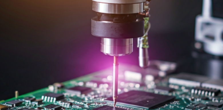 Close-up of an automated robotic arm soldering components onto a green circuit board with a purple glow.