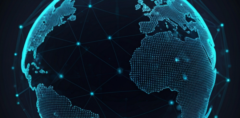 A digital, glowing blue globe showing interconnected network nodes and lines across the continents on a dark background.