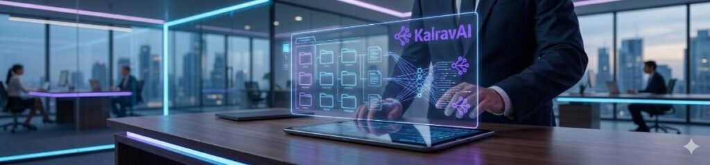 A futuristic holographic AI interface floats above a digital tablet in a professional workspace.