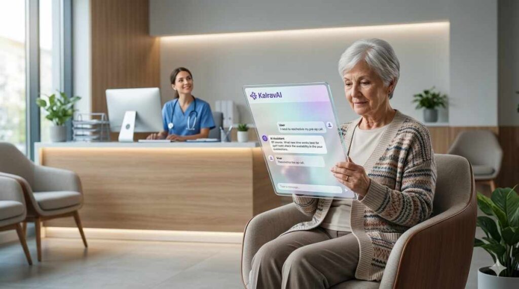 Elderly patient using an AI tablet in a medical clinic.