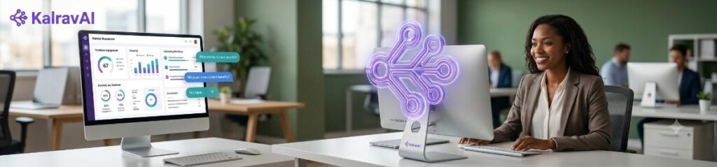 HR manager using Kalrav.ai platform with a glowing AI agent icon.
