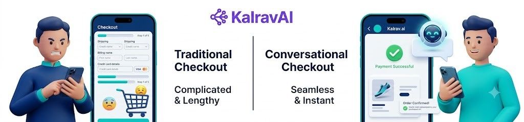 Split-screen comparing complex multi-step e-commerce checkout forms to a fast, successful Kalrav.ai chat checkout.