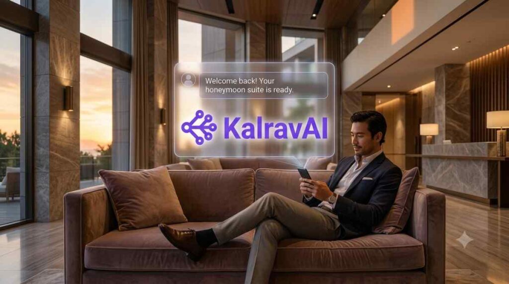 Guest lounging on sofa using glowing KalravAI hologram UI.