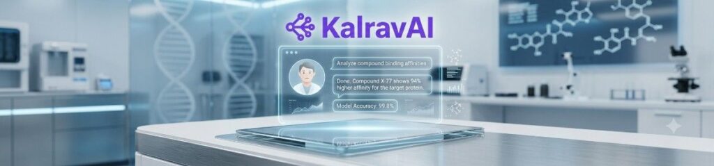 KalravAI logo above a holographic medical chat tablet in a lab.
