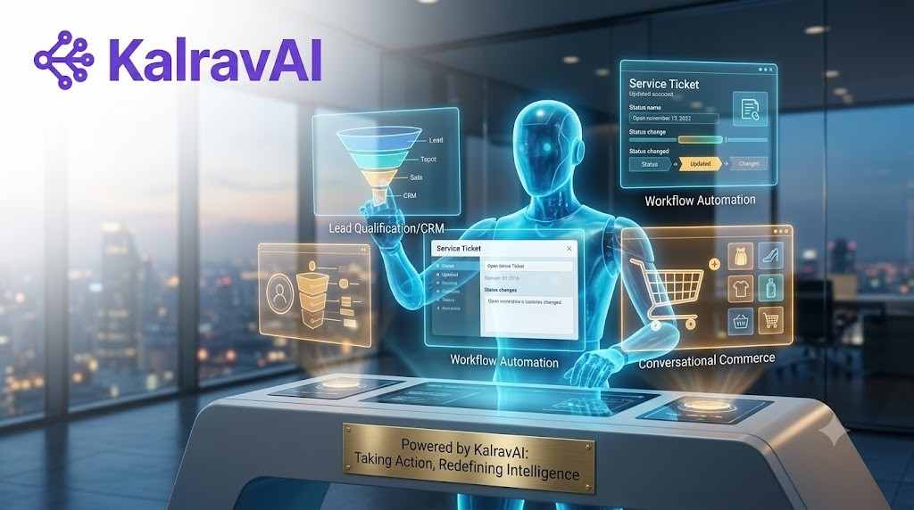 60 letters KalravAI agent operating glowing holograms at corporate desk.