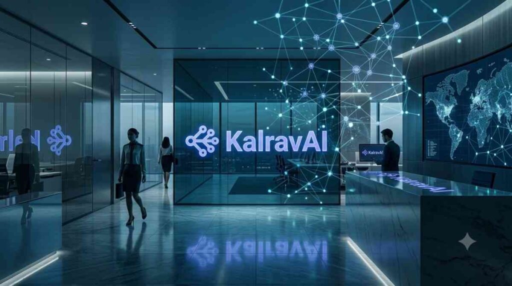 Futuristic enterprise office featuring a glowing KalravAI logo.